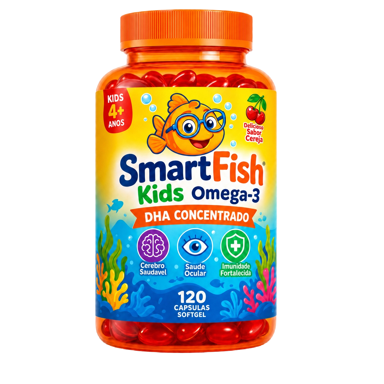 SmartFish Kids Omega-3 — Frasco com cápsulas de peixinho